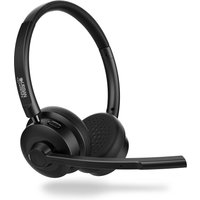 Black over-the-ear Bluetooth headset with adjustable boom mic and cushioned ear pads.