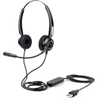 Black over-the-ear USB wired headset with remote control, USB-A, USB-C, 3.5 mm jack, and adjustable microphone.
