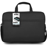 Black Urban Factory top-loading laptop case with dual handles, front zipper pocket, and attached product tag.
