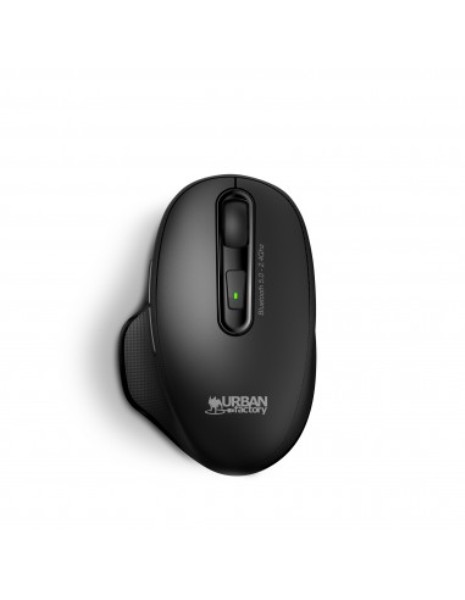Black ergonomic cordless mouse with a smooth finish, featuring a scroll wheel, a side button, and a green LED indicator, designed for comfort and efficiency.