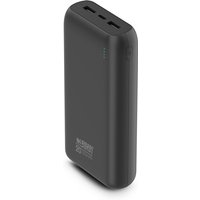 Black Urban Factory power bank, 20000 mAh, sleek design with three USB ports and LED indicators.