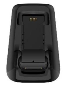 Black charging dock designed for Urovo devices, featuring a sleek, curved design with a connector slot and gold pins for secure charging.