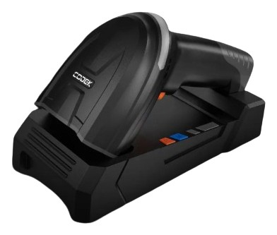 Handheld UROVO K220 barcode reader in black with a sleek design, featuring a CMOS sensor, ergonomic grip, and colored buttons on the base for easy operation.