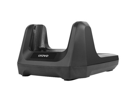 Black UROVO charging cradle designed for a single device, featuring a sleek, ergonomic shape and a slot for secure device placement, with a PSU for EU compatibility.