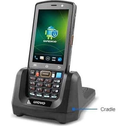 Urovo single device charger features a sleek black cradle with a touchscreen smartphone displaying an Android interface and a numeric keypad below.