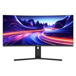 Curved 34" V7 monitor with WQHD resolution (3440 x 1440), sleek black frame, height-adjustable stand, and vibrant display featuring abstract colorful graphics.