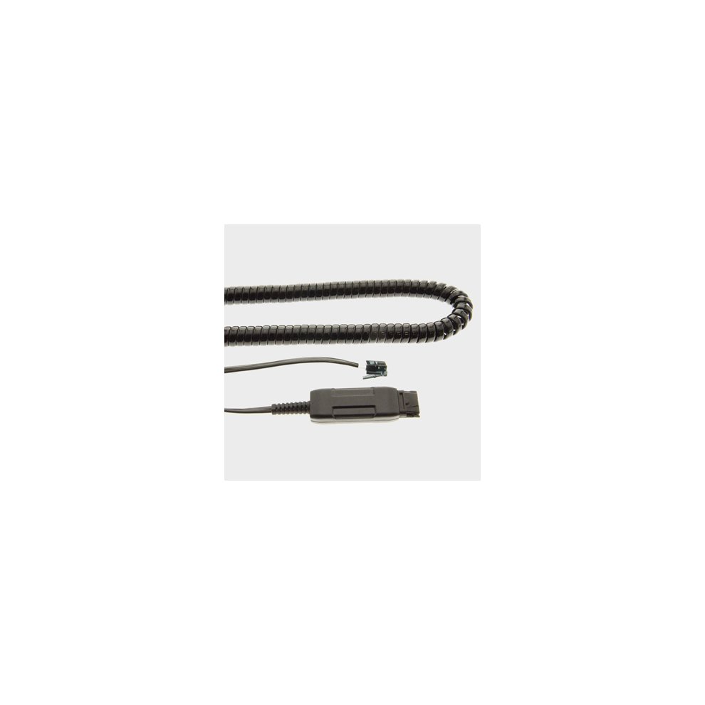 Coiled black telephone cord with a modular connector at one end and a small green circuit board attached, designed for V7 A10-11 equivalent or Plx Qd Rj9 compatibility.