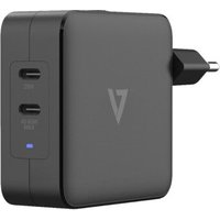 Black V7 ACUSBC65WGAN universal AC adapter with dual USB-C ports and foldable plug.