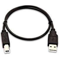 Black V7 USB cable with USB 2.0 A male to USB 2.0 B male connectors, 0.5m length, coiled in a loop.