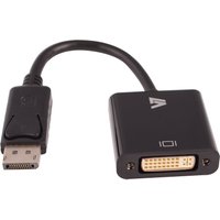 Black V7 video adapter with DisplayPort male connector and DVI-I female port, featuring a short cable and sleek design.