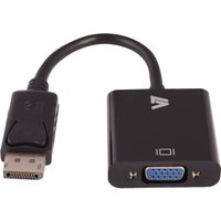 Black V7 video adapter with DisplayPort male connector and VGA female port, short cable, and V7 logo on the housing.