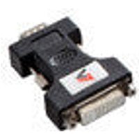 Black V7 video adapter with DVI-I female and VGA male connectors, compact rectangular design with visible logo.