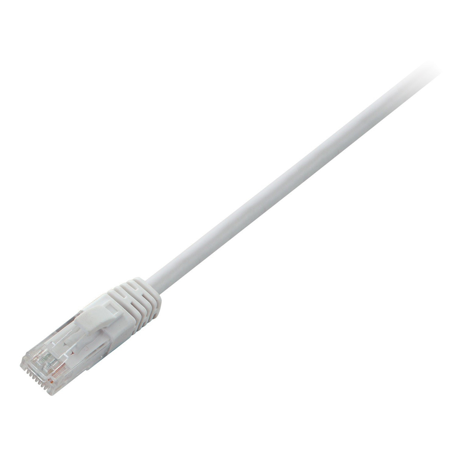 White V7 CAT6 Ethernet UTP cable, 0.5 meters long, featuring a clear plastic connector with eight metal pins, designed for high-speed network connections.