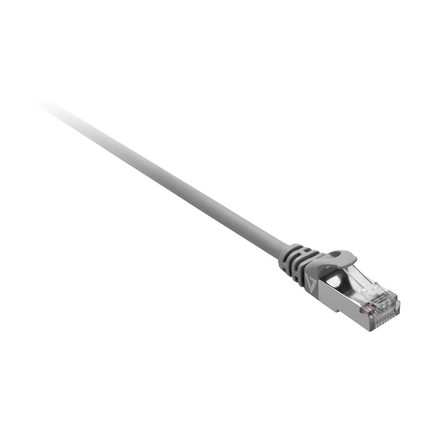 Grey V7 CAT7 SFTP patch cable, 1 meter long, featuring a transparent connector with metal clip and multiple internal wires for high-speed data transmission.