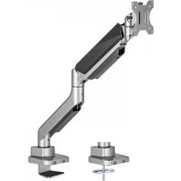 Black and silver V7 monitor mount with adjustable arm for 49" desk setup.