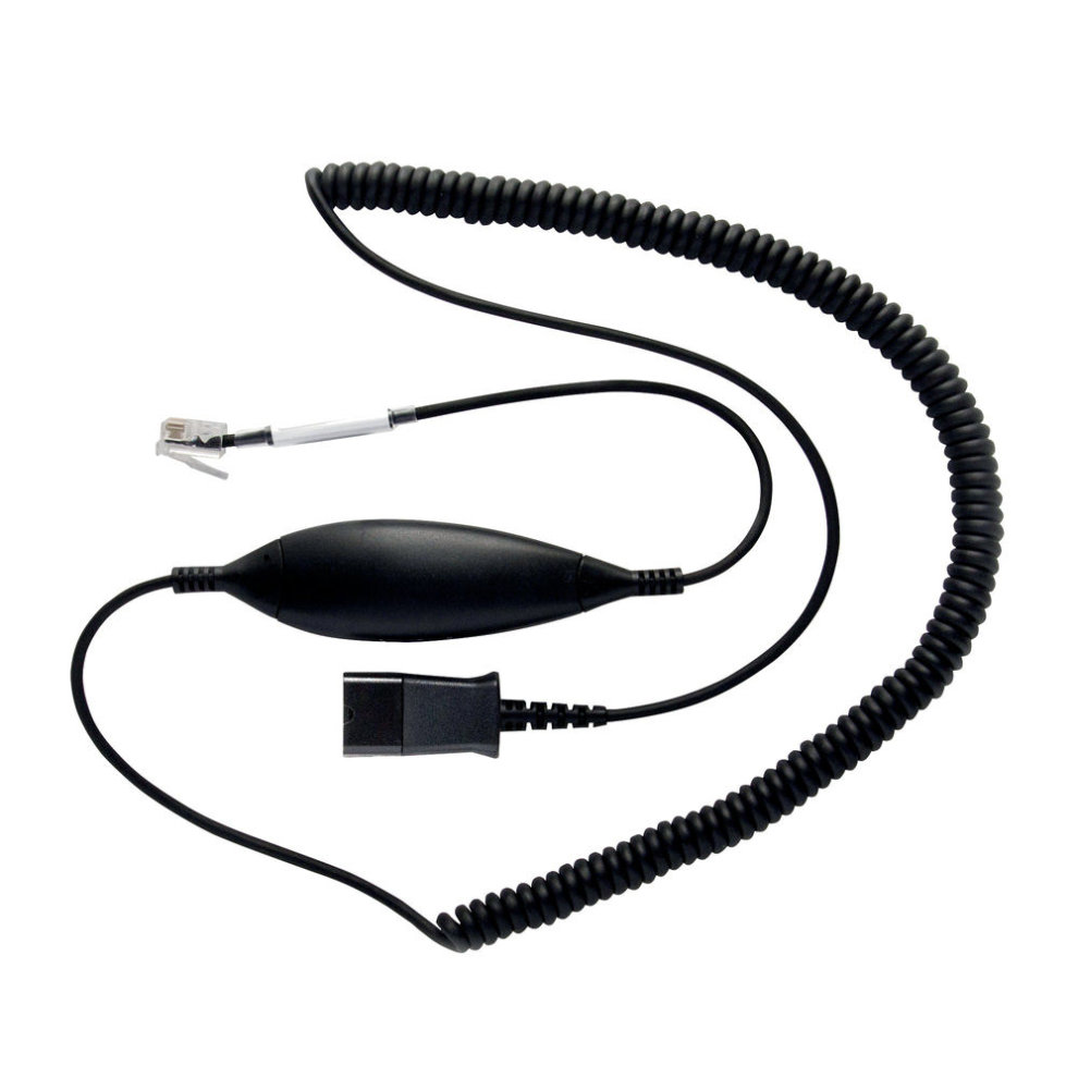 Coiled black cable with a connector at one end and an RJ9 plug at the other, featuring a small black control box along the length.