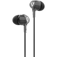 Black V7 HA220 wired in-ear headphones with sleek design and logo on earbuds.