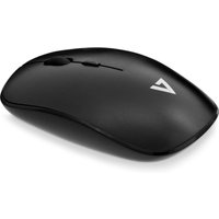 Black V7 low profile wireless optical mouse with sleek design and scroll wheel.