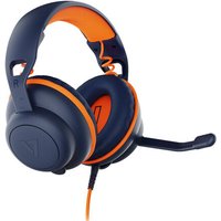 V7 Safe Sound 2 Education Headset, dark blue with orange accents, on-ear design, adjustable headband, noise-cancelling mic.