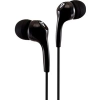 Black V7 stereo earbuds, lightweight in-ear design, noise isolating, 3.5 mm jack, sleek black finish with logo on earpieces.