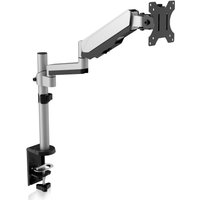 V7 Touch Adjust Monitor Mount, silver arm, black clamp base, adjustable joints, VESA plate for screen attachment.