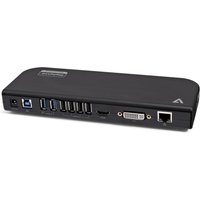 Black V7 UDDS2 laptop dock with multiple USB ports, HDMI, DVI, and Ethernet connections.