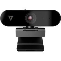 Black V7 UHD webcam with lens in center, USB 3.0, clip mount, and microphone, designed for notebooks and monitors.