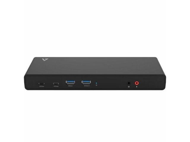 Sleek black USB-C docking station with dual 4K DisplayLink support, featuring multiple USB ports, audio jack, and LED indicators for connectivity status.
