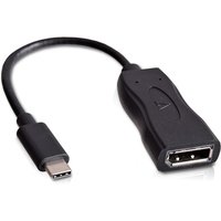 Black V7 USB-C male to Displayport female adapter with short cable and sleek design.