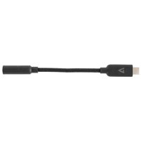 Black V7 USB-C to 3.5mm audio jack adapter with braided cable and sleek connectors.