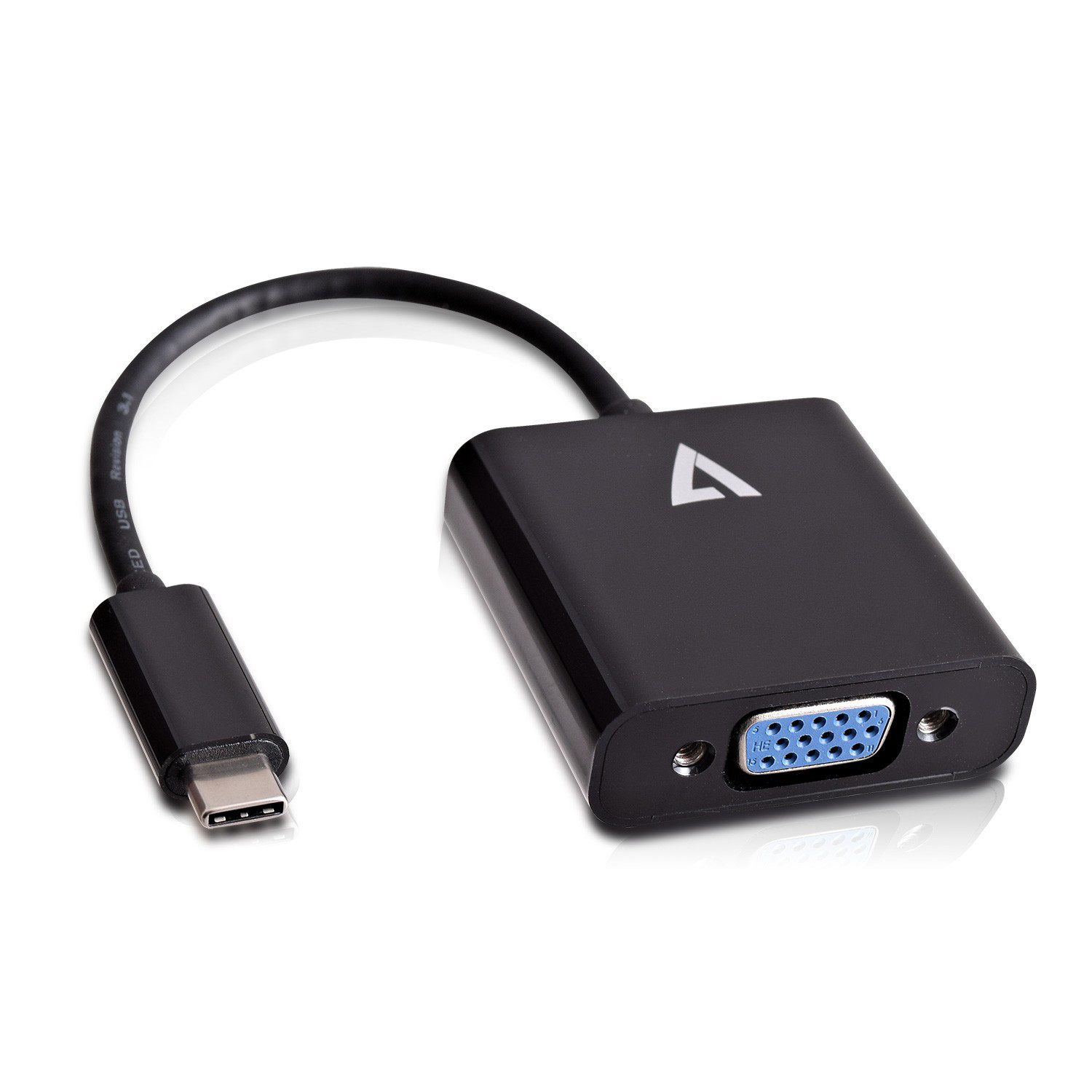 Black V7 USB-C to VGA adapter featuring a compact design, a USB-C connector on one end and a blue VGA port on the other, with a flexible cable for easy connectivity.
