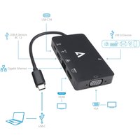Black V7 USB graphics adapter with USB-C, HDMI, VGA, and Ethernet ports, compact design with cable attached.