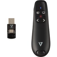 Black V7 wireless presenter with red laser, 5 buttons, USB-C/USB-A, and storable USB receiver slot.