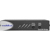 Black Vaddio OneLINK Bridge with Ethernet ports, LED indicators, and Vaddio logo on the left side.