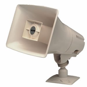 Gray 5-watt one-way paging horn with a square flared design, made of durable plastic, featuring a mounting bracket for easy installation.