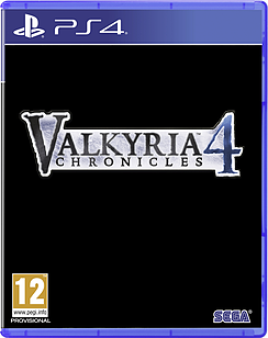 Valkyria Chronicles 4: Launch Edition for PlayStation 4 features a blue case with a prominent silver and white logo, and a 12+ age rating in the bottom left corner.