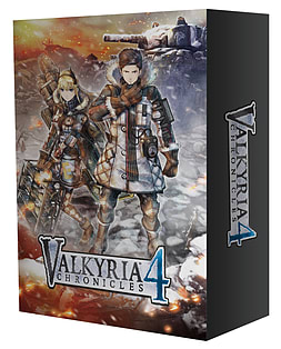 Valkyria Chronicles 4 Memoirs from Battle Edition box featuring two characters in winter attire against a snowy backdrop, with bold blue and orange artwork and the title prominently displayed.