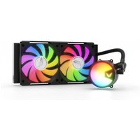 Black Valkyrie A240 liquid cooler with dual RGB fans and illuminated pump head, 24 cm radiator.