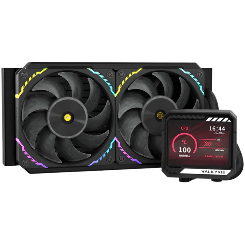 Valkyrie V240 LCD features a black dual-fan radiator with RGB lighting and a sleek LCD display showing CPU temperature and status.