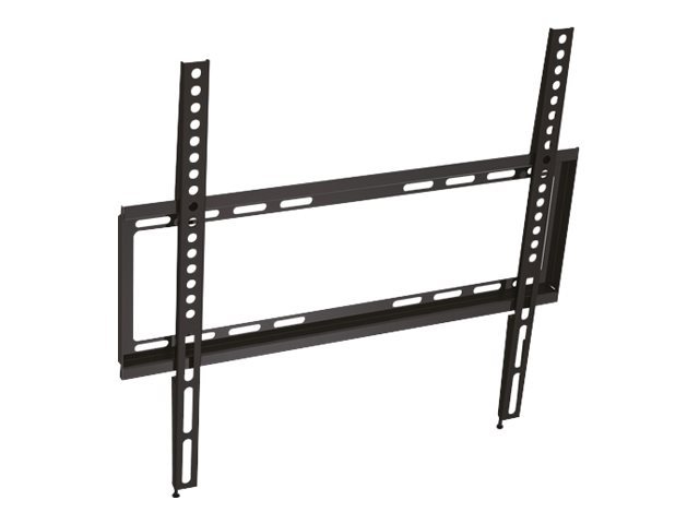 Black metal TV mount designed for 55-inch screens, featuring adjustable brackets with multiple holes for secure installation and a sleek, minimalist design.