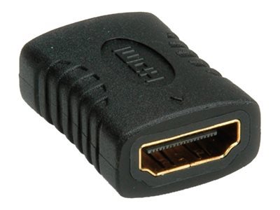 Black HDMI female to female adapter with textured grip, featuring gold-plated connectors for optimal signal transfer.