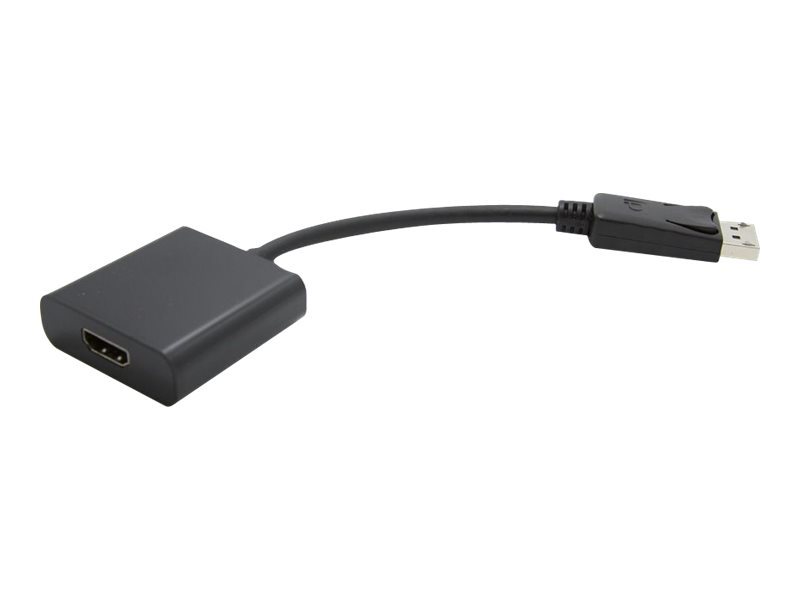 Black DisplayPort to HDMI adapter cable, 0.15 meters long, featuring a compact design with a textured surface and a USB connector for easy connectivity.