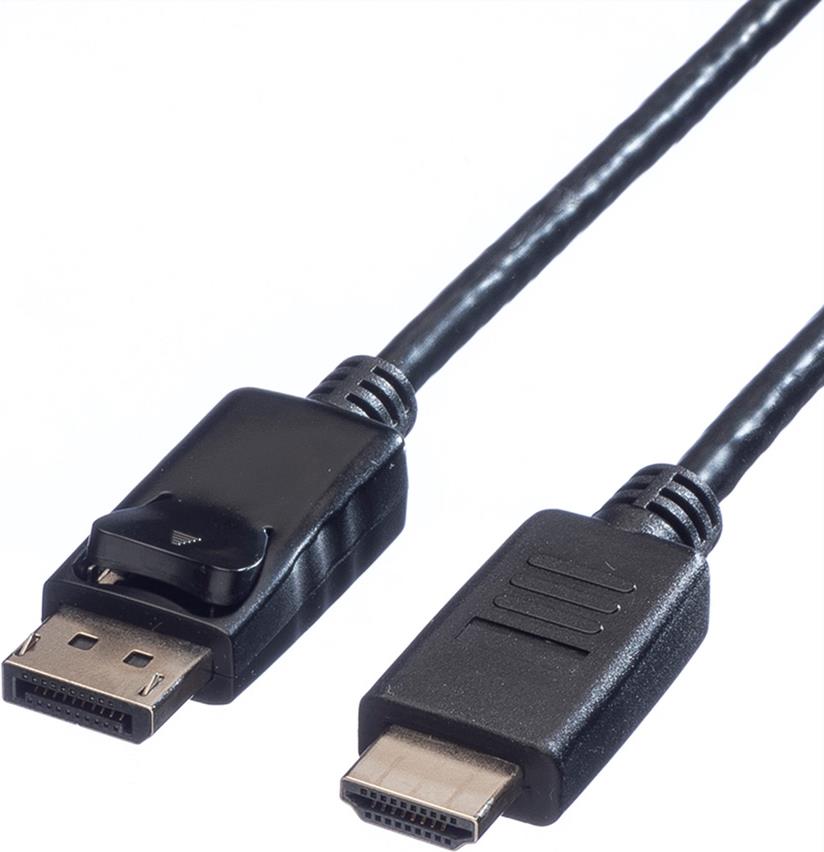 Black 1.50 m shielded DisplayPort to HDMI adapter cable with a sturdy design, featuring a locking mechanism on the DisplayPort end and a smooth HDMI connector.