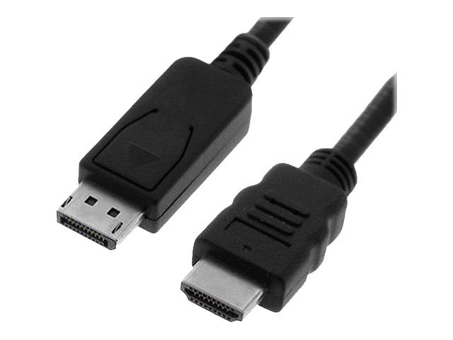 Black DisplayPort cable with male connectors on both ends, designed for connecting devices to HDTVs, featuring a sturdy plastic casing and a length of 3 meters.