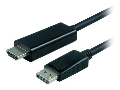 Black DisplayPort cable with male connectors on both ends, designed for UHDTV, measuring 1 meter in length, featuring a sturdy plastic casing.