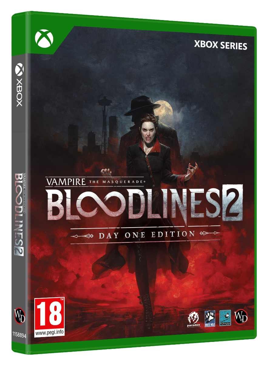 Vampire: the Masquerade - Bloodlines 2 game box featuring a dark, moody cover with a vampire character in a long coat, set against a gothic cityscape, with a green Xbox Series case.