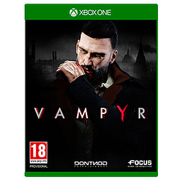 Vampyr for Xbox One features a dark cover with a man in a black coat, red lettering for the title, and a cityscape background, highlighting its gothic theme.