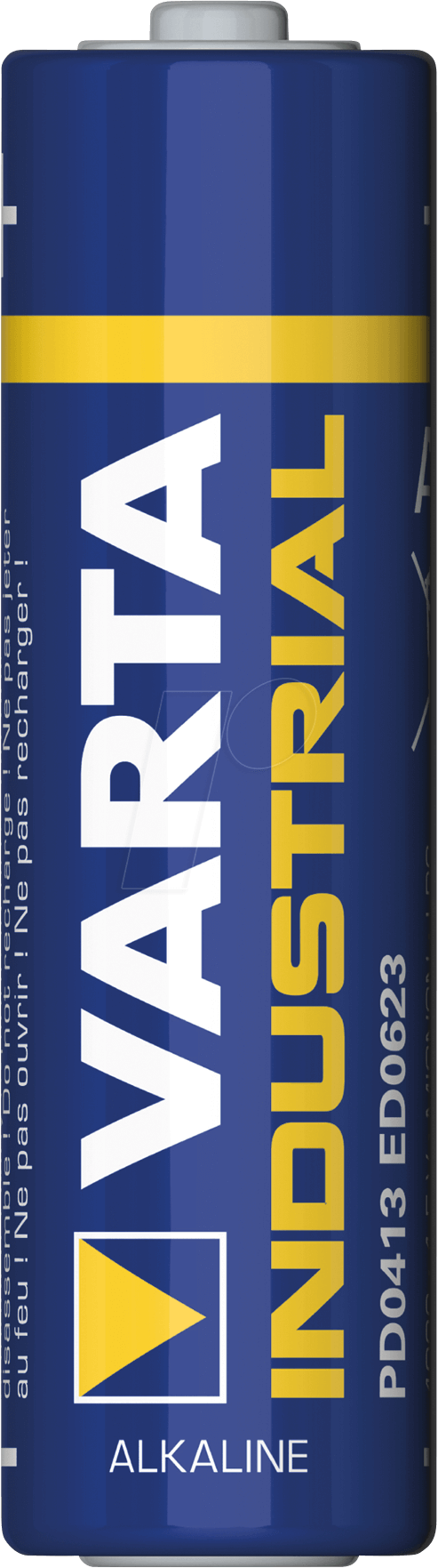 Varta Industrial Pro AA battery pack featuring ten blue and yellow alkaline batteries, labeled with "VARTA INDUSTRIAL" and product details, designed for heavy-duty use.