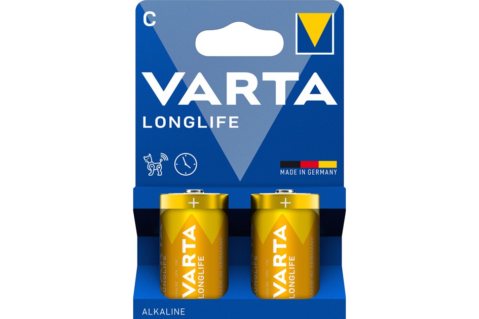 Two yellow Varta LR14 alkaline batteries in a blue packaging, featuring the Varta logo and "LONGLIFE" text, with a "+" symbol indicating positive polarity.
