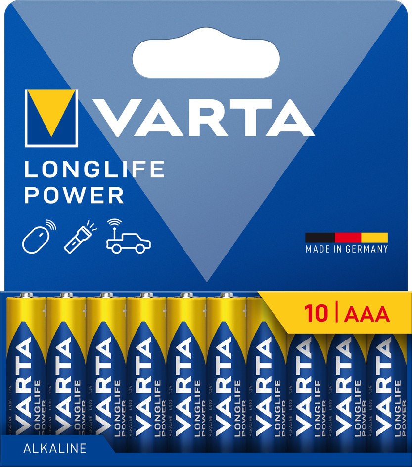 Ten AAA alkaline batteries in a blue and yellow packaging, labeled "VARTA LONGLIFE POWER," with "MADE IN GERMANY" and "10 AAA" prominently displayed.